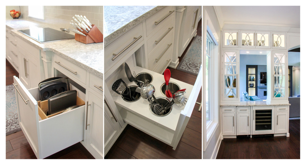 Huge transitional l-shaped dark wood floor kitchen pantry photo with an undermount sink, shaker cabinets, white cabinets, quartzite countertops, gray backsplash, ceramic backsplash, stainless steel appliances and two islands