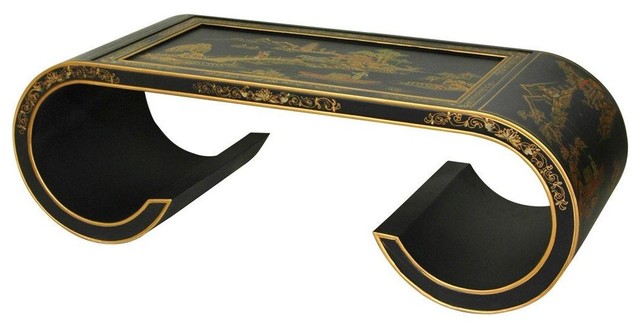 Oriental Black Lacquer Scroll Coffee Table