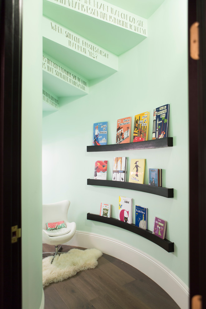 Photo of a transitional kids' room in Phoenix with green walls, dark hardwood floors and brown floor.