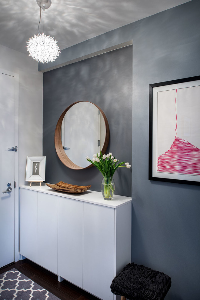 Inspiration for a mid-sized contemporary dark wood floor single front door remodel in New York with gray walls and a white front door