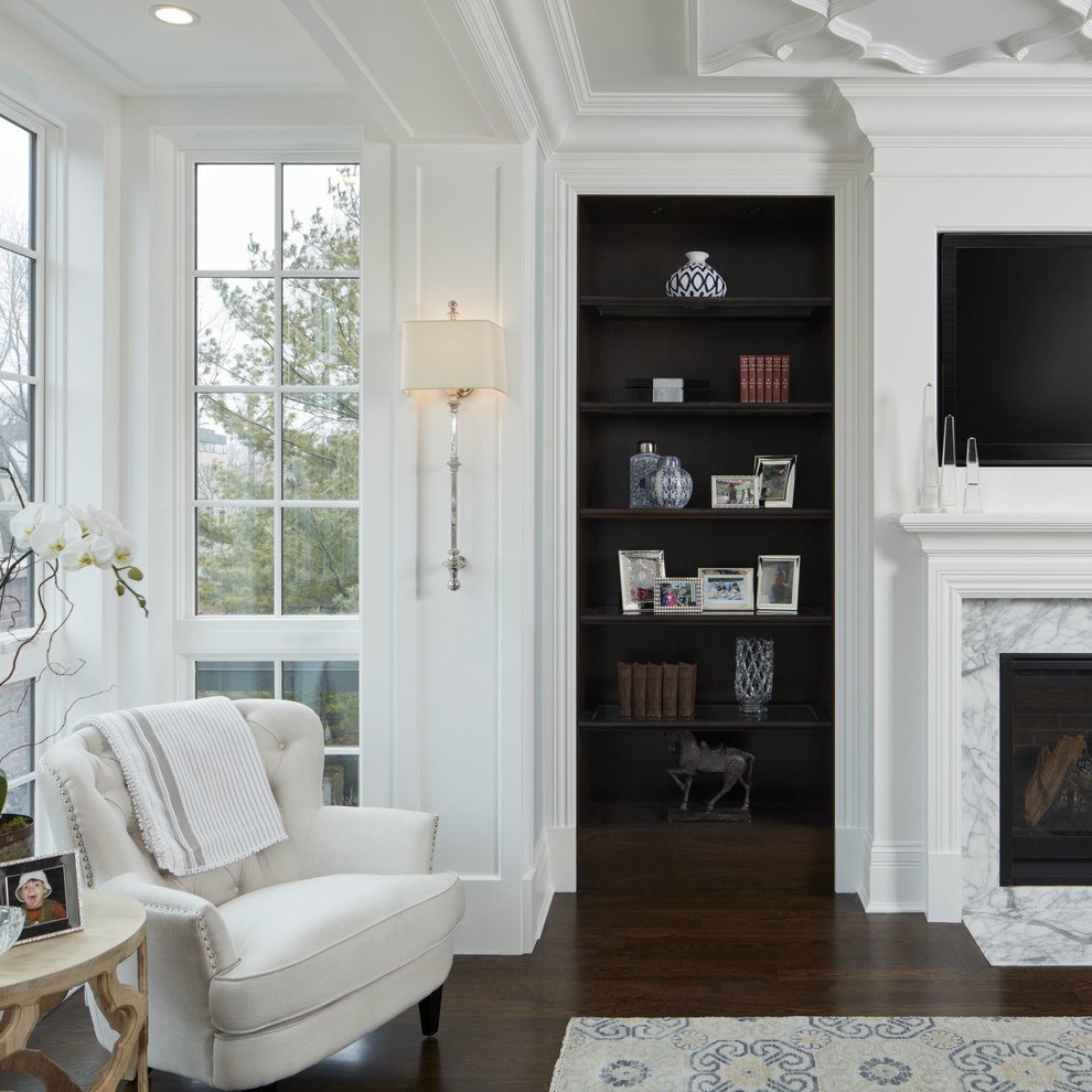 Inspiration for a large traditional open concept living room in Chicago with white walls, dark hardwood floors, a standard fireplace and a stone fireplace surround.