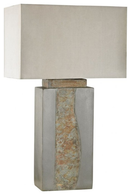 Grey-Natural Slate Outdoor Table Lamp Made Of Stone A Taupe-Clear Nylon Shade