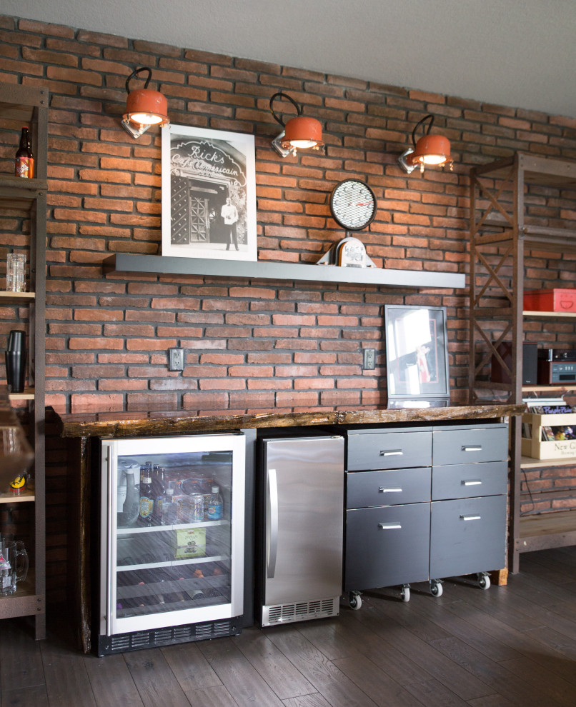 Mid-sized contemporary single-wall home bar in Cedar Rapids with open cabinets, wood benchtops, brown splashback, brick splashback, dark hardwood floors, brown benchtop and brown floor.