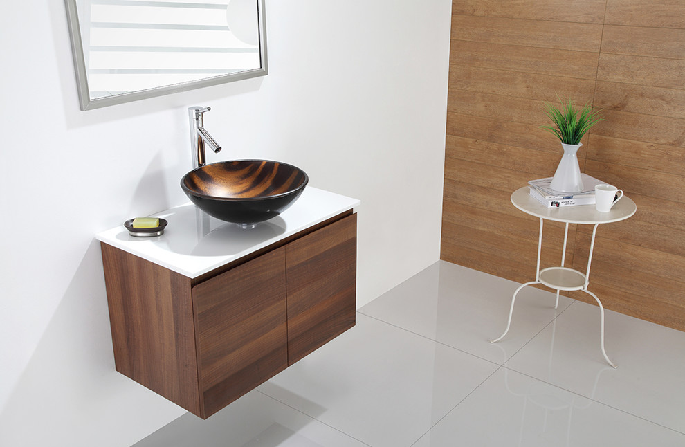 Inspiration for a large modern master bathroom in New York with a vessel sink, medium wood cabinets, marble benchtops, brown tile, wood-look tile, white walls and ceramic floors.