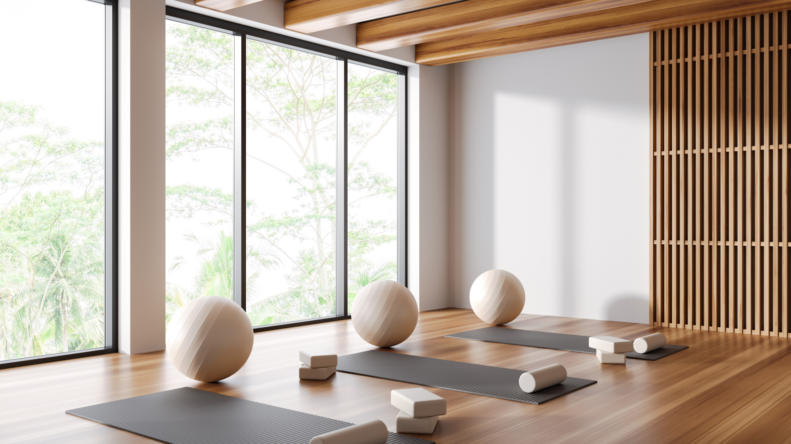 Minimalist Home Gym with Light Wood Accents in Leatherhead