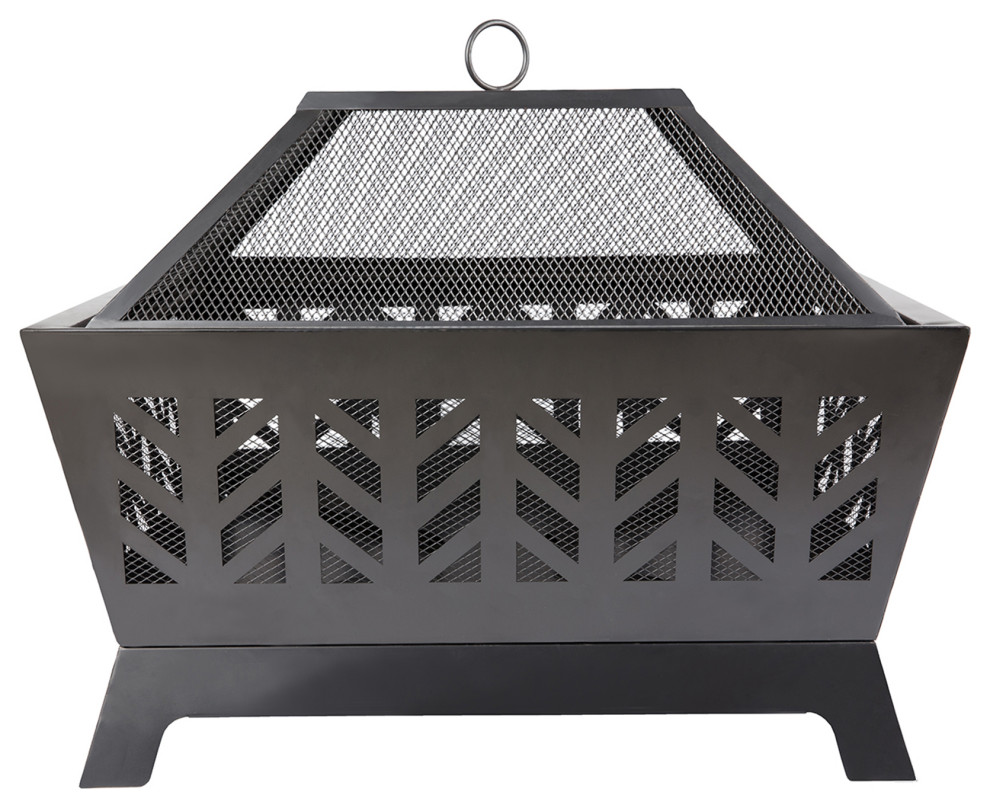 Square Iron Outdoor Fire Pit with Spark Screen Transitional Fire