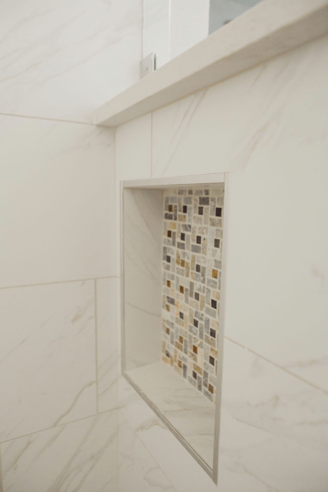 Inspiration for a mid-sized modern master white tile porcelain tile and white floor freestanding bathtub remodel in Dallas with flat-panel cabinets, brown cabinets, white walls, quartzite countertops, a hinged shower door and white countertops