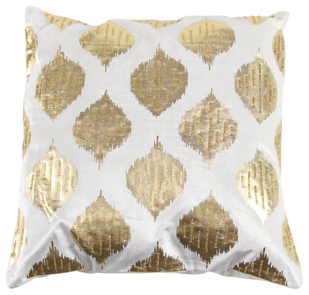 White Square Throw Pillow With Metallic Gold Leaf Patterns And