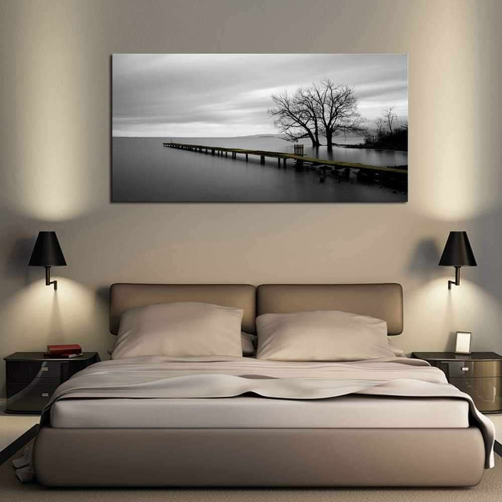 Modern Minimalist Black and White Lake Trees Landscape Wall Art Painting