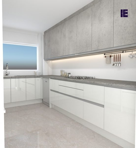 Immagine di una grande cucina ad U minimal chiusa con lavello a vasca singola, ante lisce, ante bianche, top in granito e top bianco