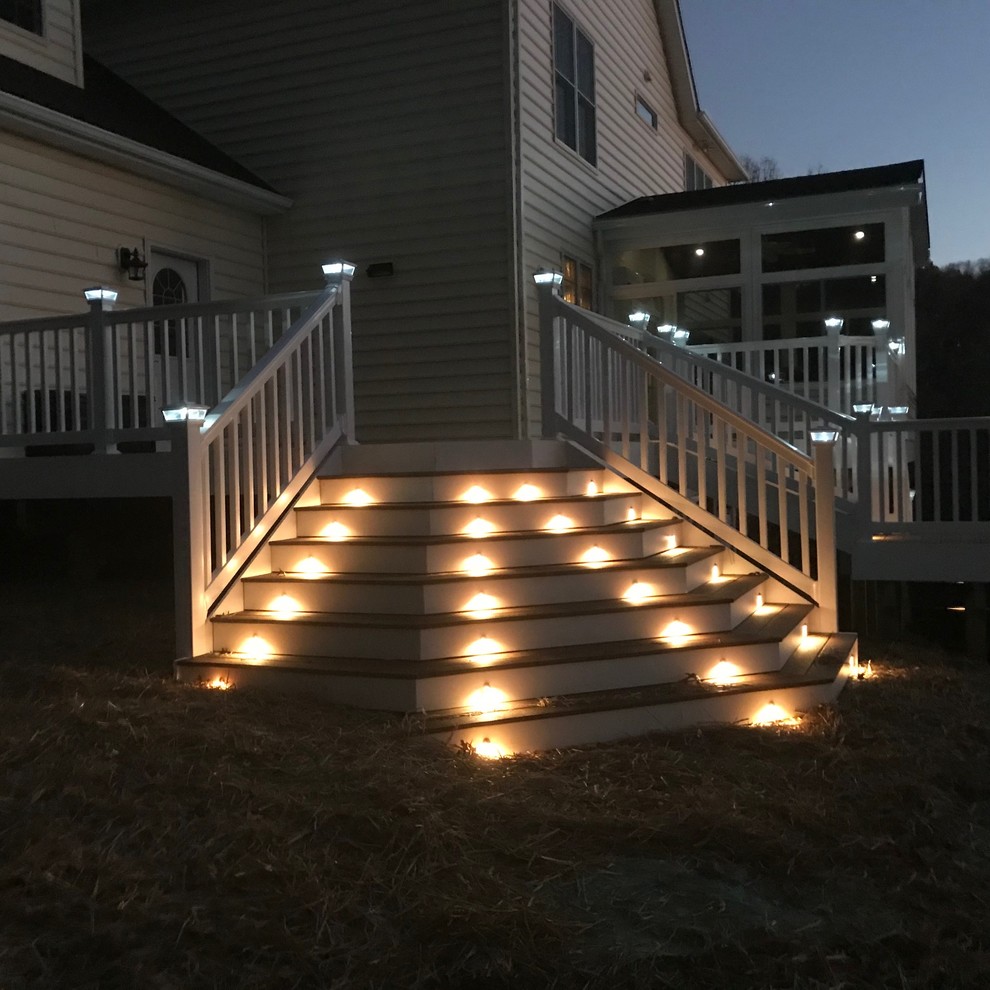 Custom Designed Deck Vinyl Railings, Solar Post Caps & Stair Lights