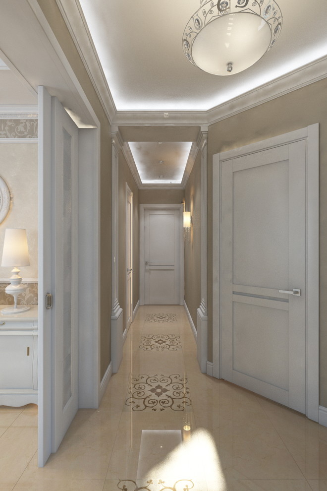 Mid-sized transitional vestibule in Moscow with beige walls, porcelain floors, a single front door, a brown front door and beige floor.