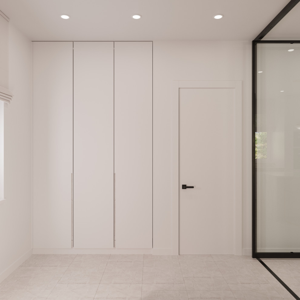 Design ideas for a large contemporary front door in Other with a single front door, beige walls, ceramic flooring, a glass front door, beige floors, wainscoting and feature lighting.