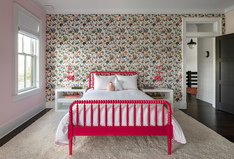 Inspiration for a mid-sized country kids' bedroom for kids 4-10 years old and girls in New York with pink walls, dark hardwood floors and brown floor.