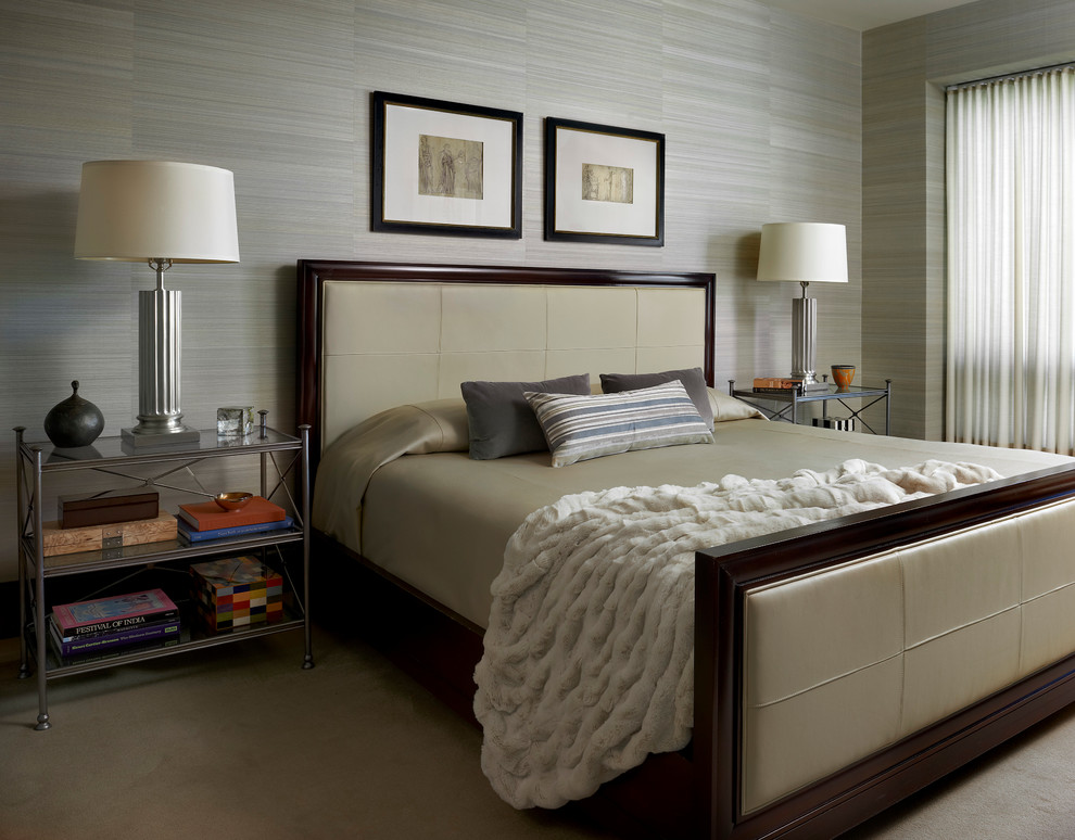 Inspiration for a large contemporary master bedroom in Chicago with grey walls and carpet.