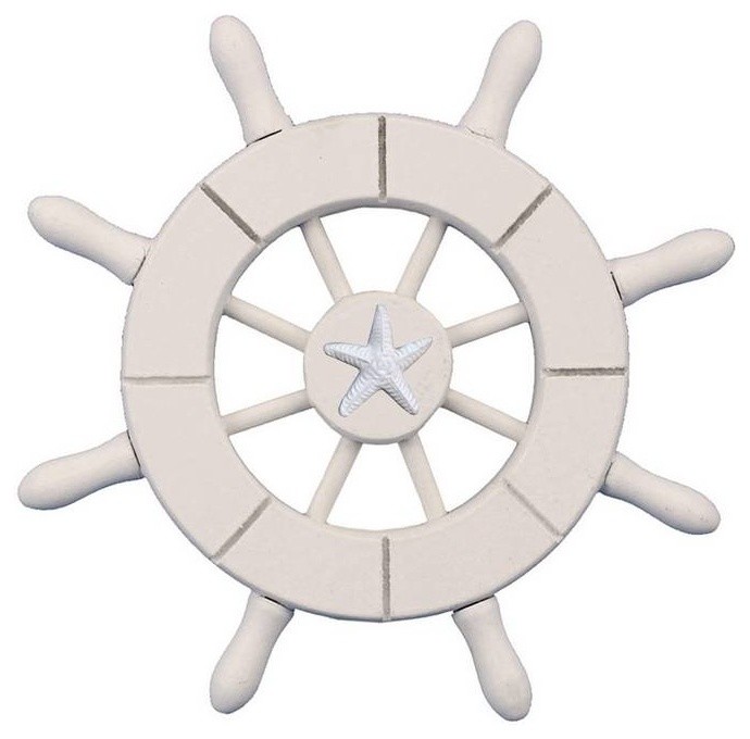 White Decorative Ship Wheel With Starfish 6'', Boat Steering Wheel Decoration