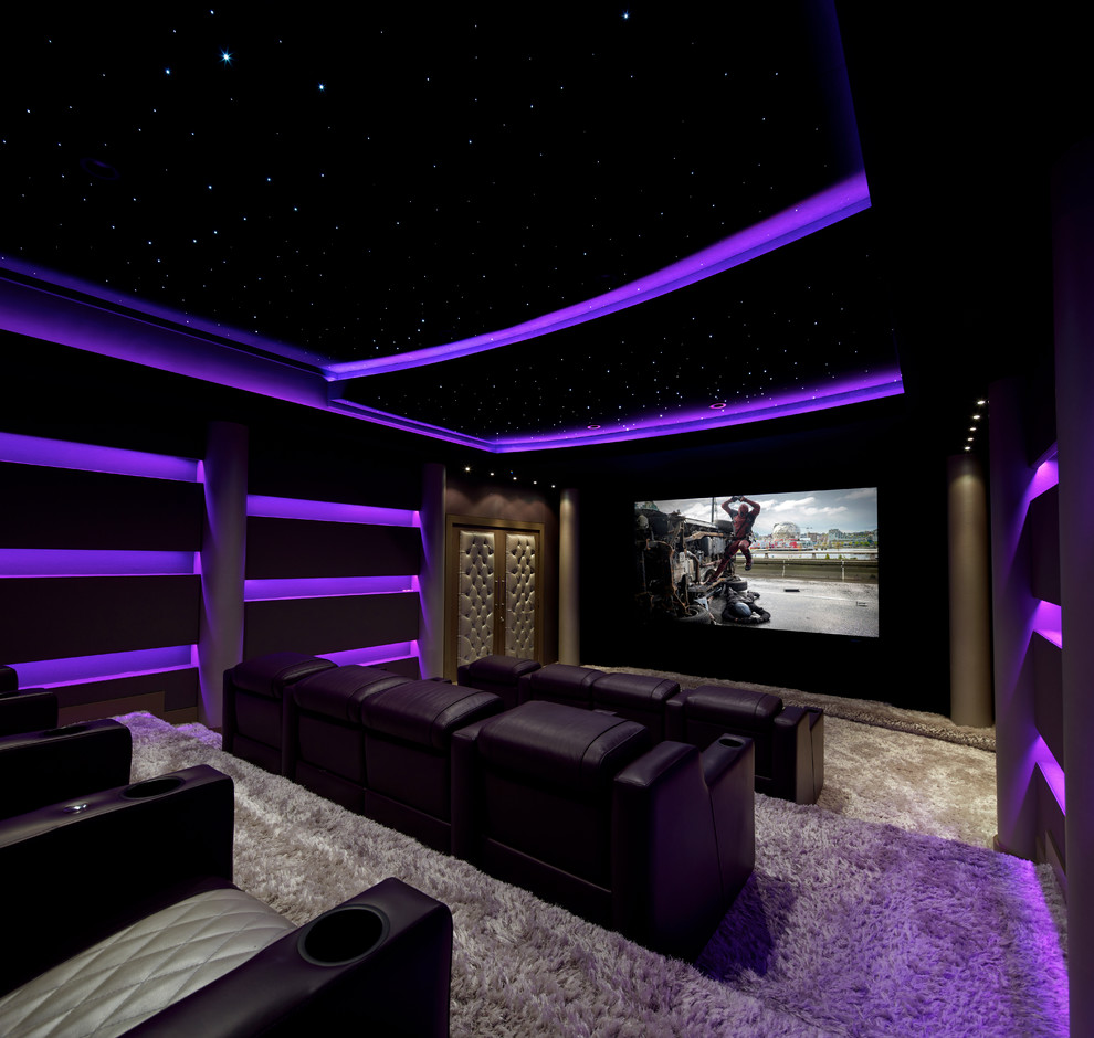 Photo of a large contemporary enclosed home theatre in New York with black walls, carpet, a built-in media wall and beige floor.