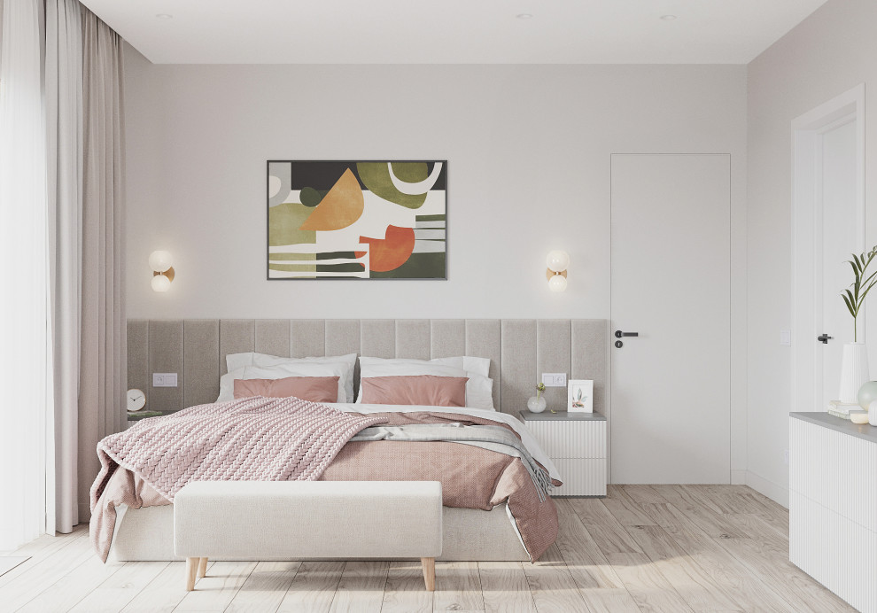 Ispirazione per una camera da letto minimal di medie dimensioni con pareti grigie