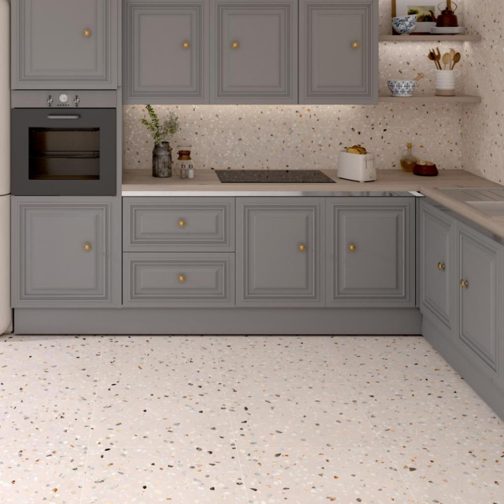 Inspiration for a mid-sized kitchen in Other with porcelain floors and beige floor.