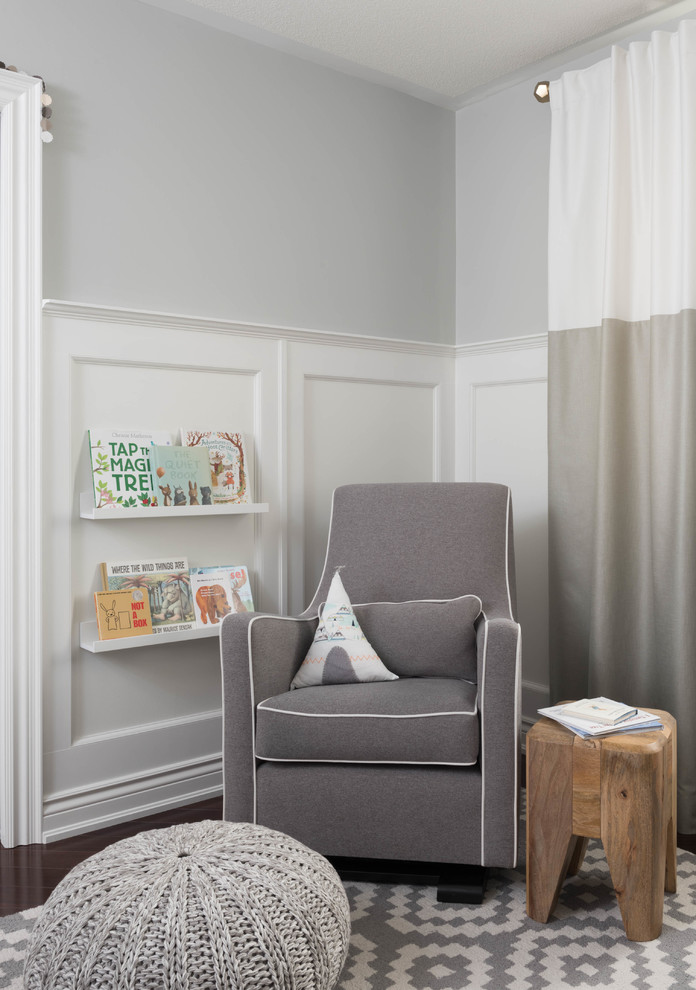 This is an example of a mid-sized contemporary gender-neutral nursery in Toronto with grey walls and carpet.