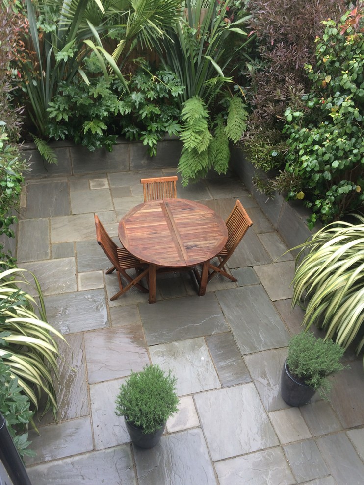ロンドンにあるお手頃価格の小さなトロピカルスタイルのおしゃれな裏庭のテラス (天然石敷き) の写真
