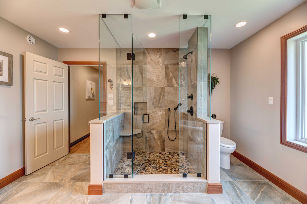 Bathroom - rustic ceramic tile bathroom idea with quartz countertops
