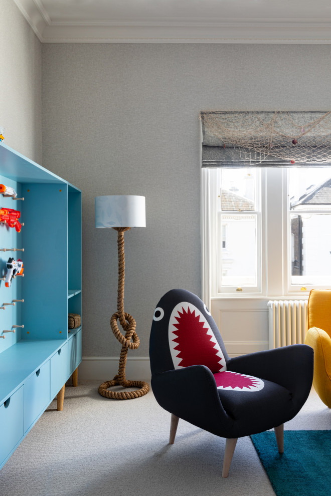 Inspiration for a large contemporary children’s room for boys in London with grey walls, carpet, grey floors, a coffered ceiling and wallpapered walls.