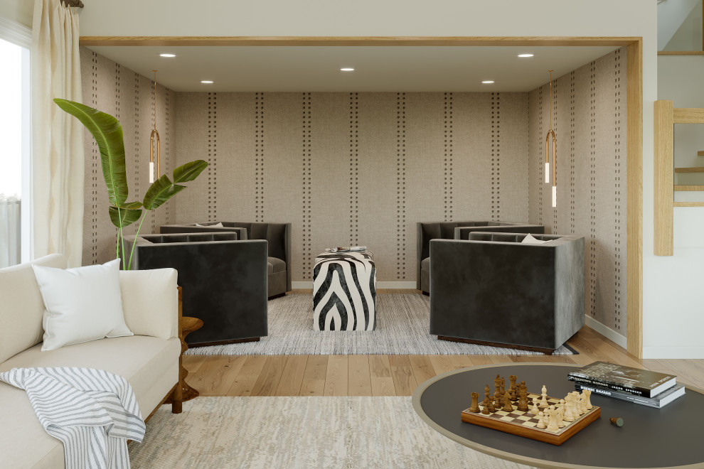 Idee per un grande soggiorno minimalista chiuso con pareti beige, pavimento in legno massello medio, pavimento beige e carta da parati