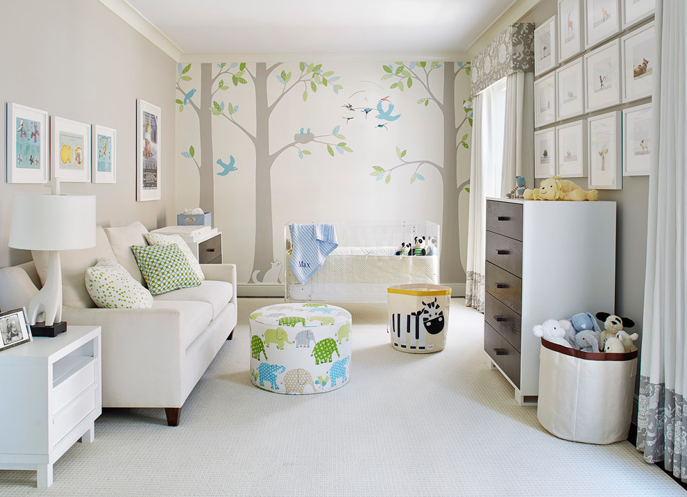 Mid-sized transitional gender-neutral nursery in San Francisco with multi-coloured walls, carpet and beige floor.