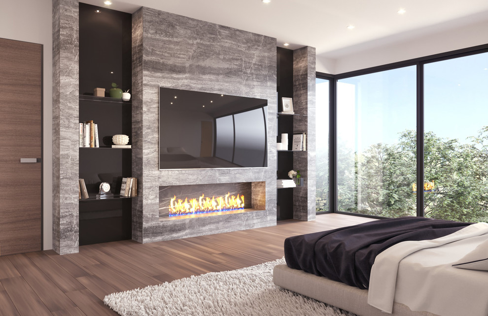 Mid-sized modern master bedroom in Los Angeles with beige walls, porcelain floors, a standard fireplace, grey floor, vaulted and a stone fireplace surround.