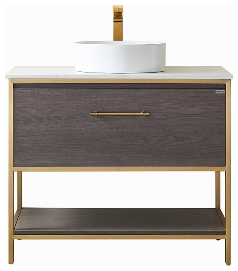 Vinnova Murica 36" White Top Vessel Sink Single Vanity Oak Wood Gold w/ Mirror Contemporary