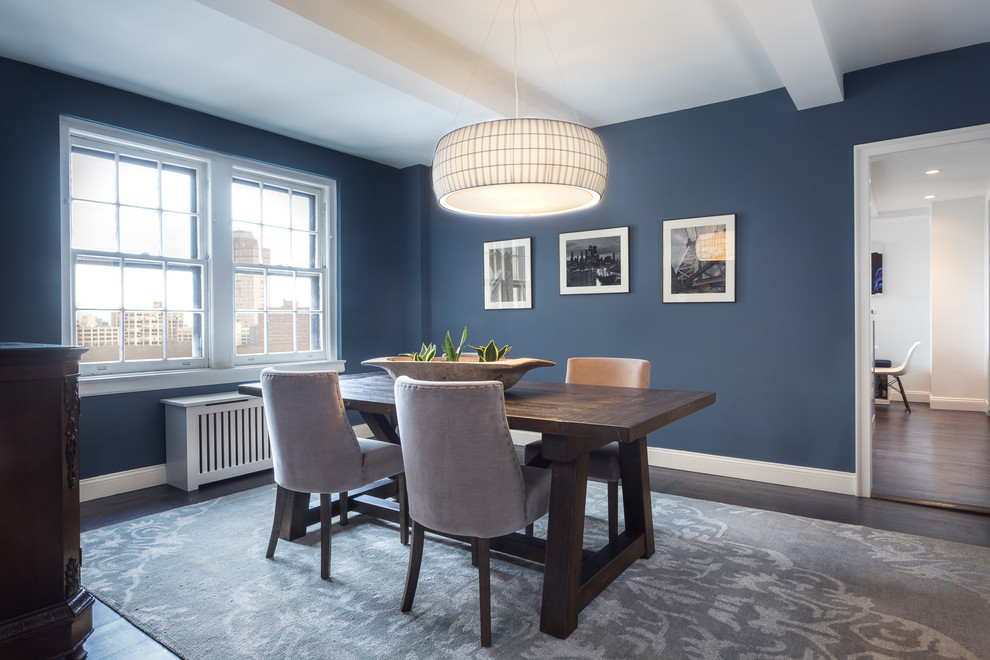 Inspiration for a mid-sized transitional separate dining room in New York with blue walls, dark hardwood floors, no fireplace and brown floor.