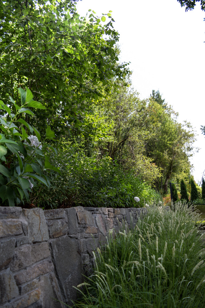 Стильный дизайн: тенистый, летний засухоустойчивый сад среднего размера на заднем дворе в современном стиле с подпорной стенкой и покрытием из гравия - последний тренд