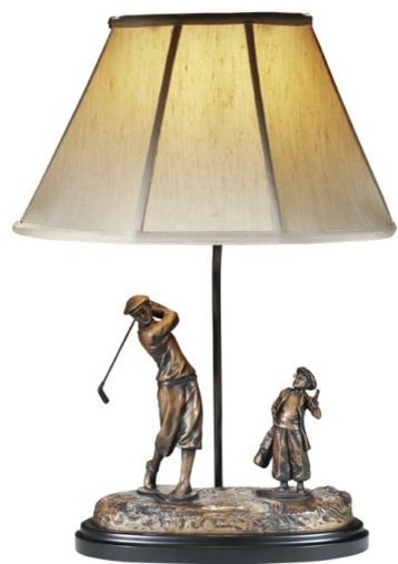 Sculpture Table Lamp Golfer and Golf Caddy Hand Painted Made in USA