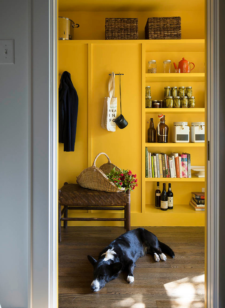 Photo of a small transitional hallway in Austin with yellow walls and medium hardwood floors.
