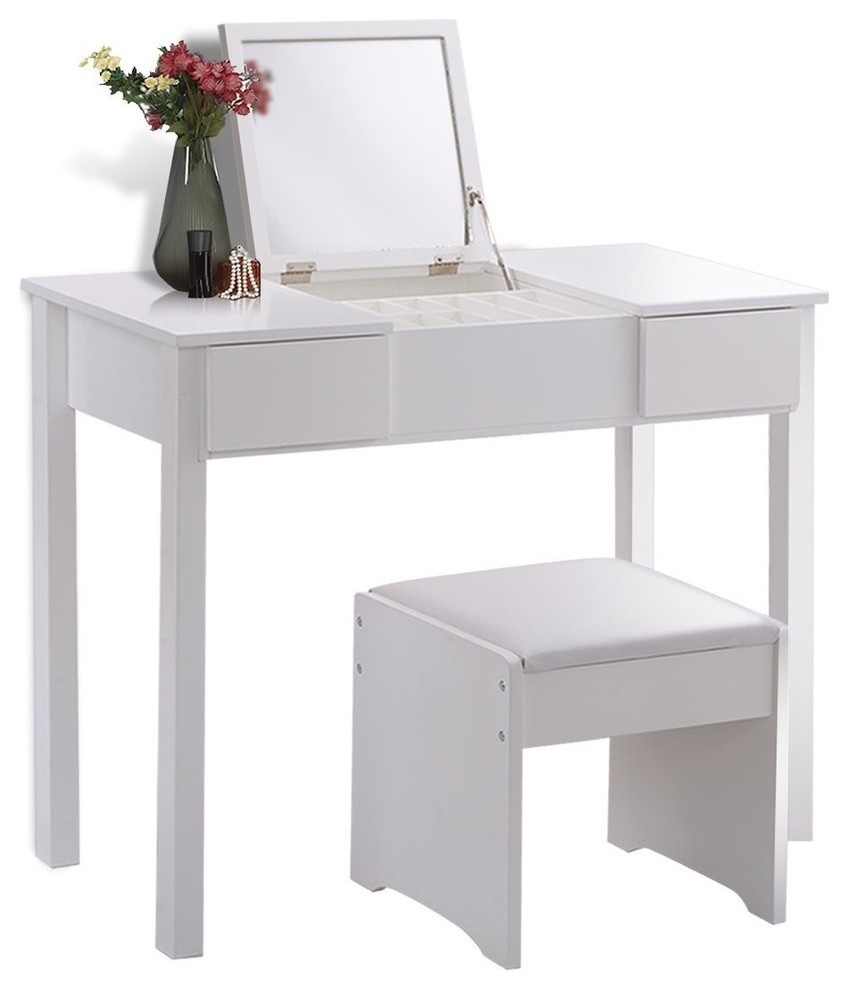 Transitional Vanity Set, Table With Flip Up Mirrors and Cushioned Stool