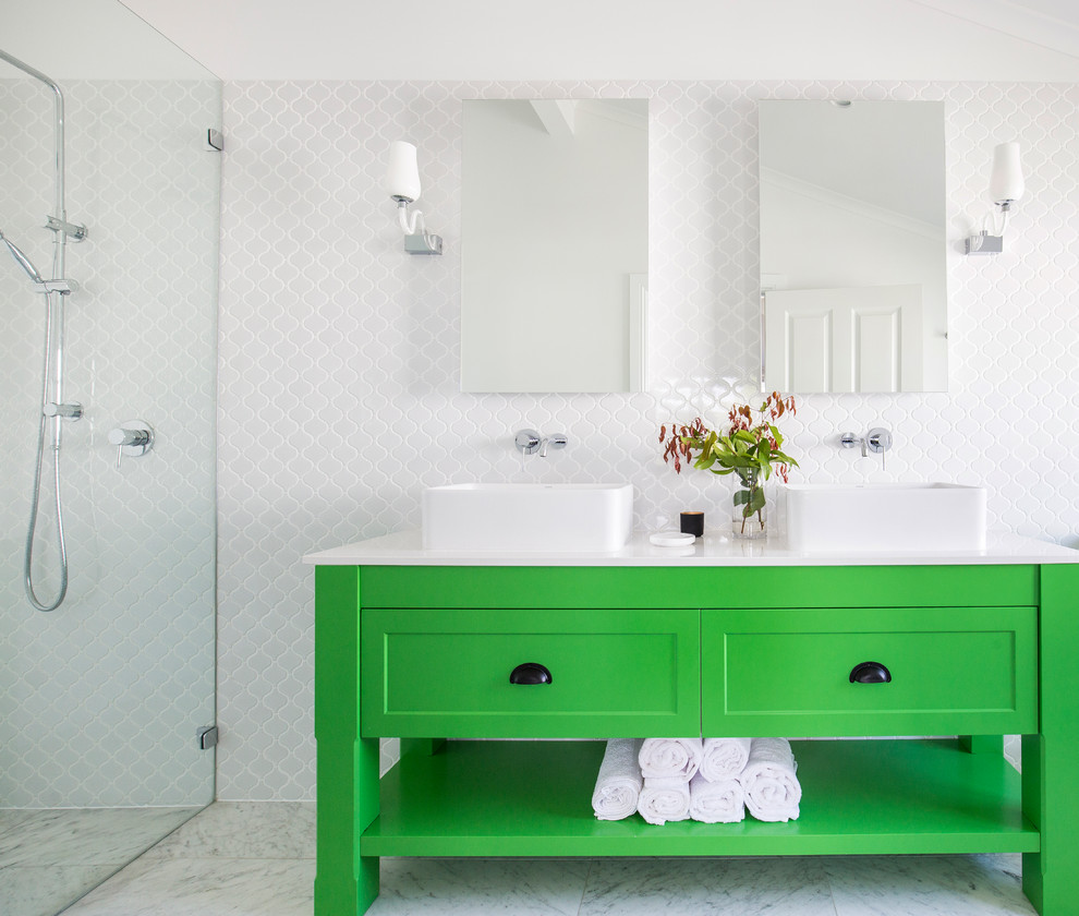 Photo of a large transitional master bathroom in Townsville with shaker cabinets, green cabinets, a curbless shower, white tile, white walls, a vessel sink, ceramic tile, marble floors and engineered quartz benchtops.