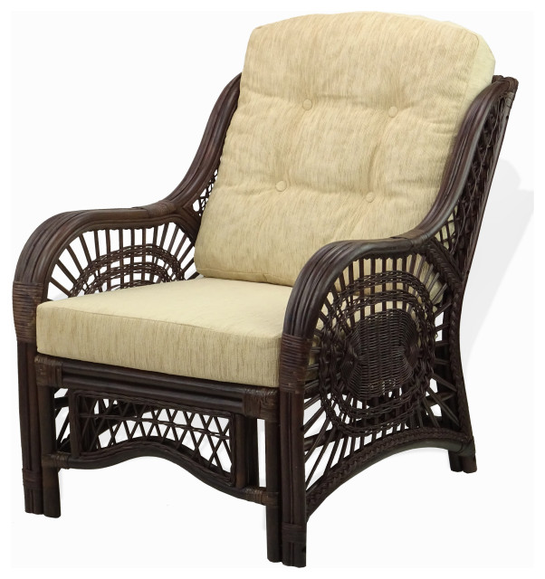 Malibu Lounge Armchair Rattan Wicker with Cushions, Dark Brown/Cream