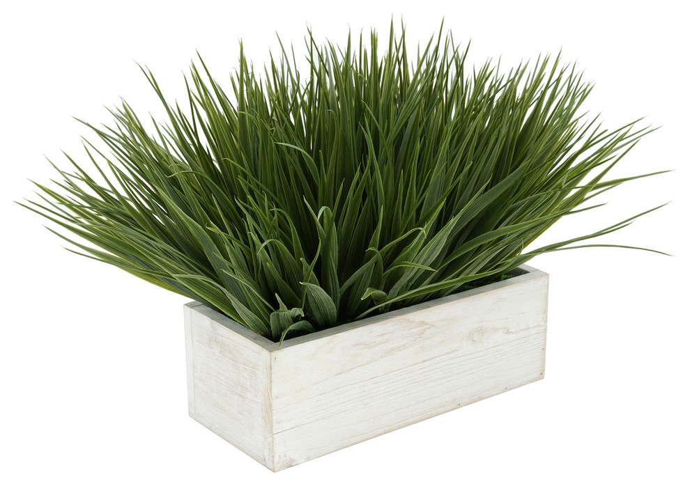 House of Silk Flowers Artificial Green Farm Grass in 9" White-Washed Wood Trough