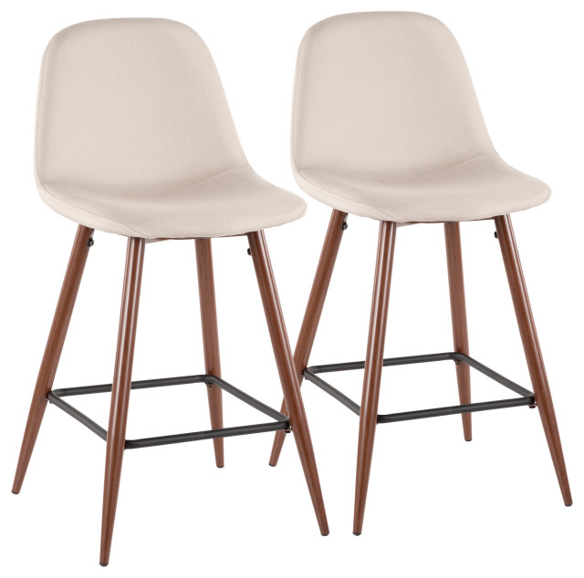 Pebble MidCentury Modern Counter Stool, Walnut Metal/Beige Fabric, Set