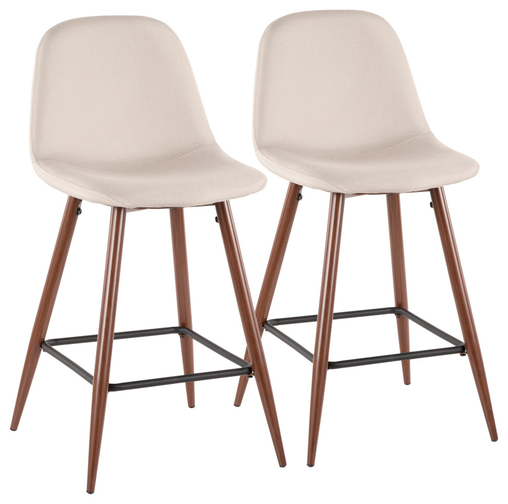 Pebble MidCentury Modern Counter Stool, Walnut Metal/Beige Fabric, Set