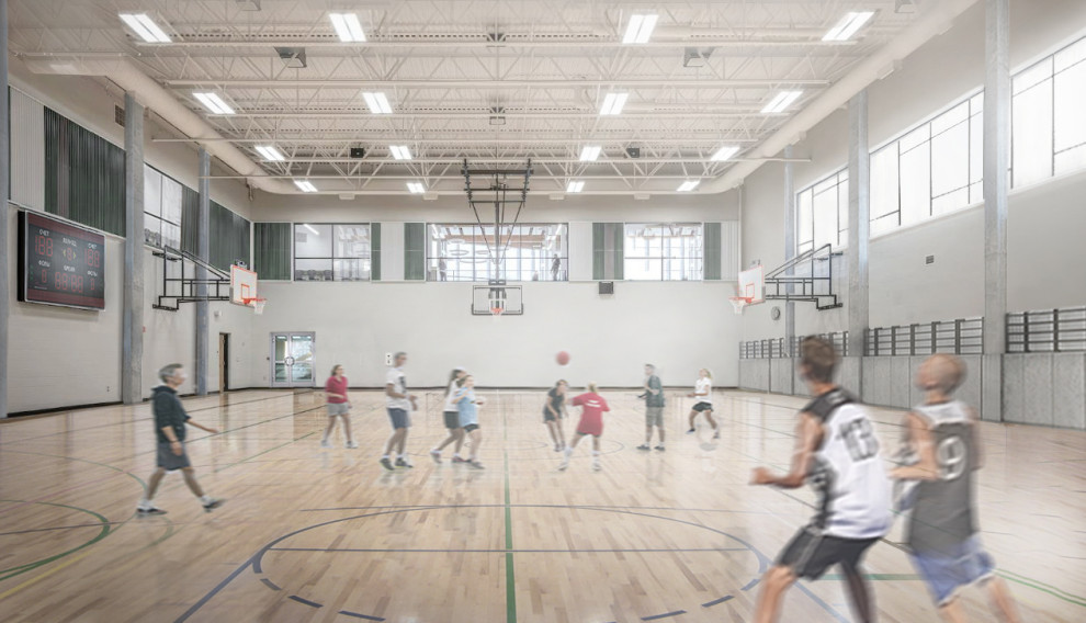 Интерьер школьного вестибюля и спорт зала