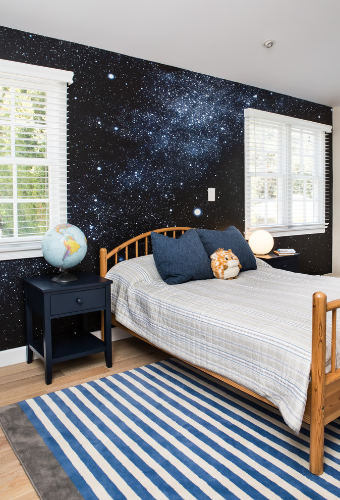 Kids' bedroom - bedroom and large transitional boy light wood floor kids' bedroom idea in Los Angeles with multicolored walls