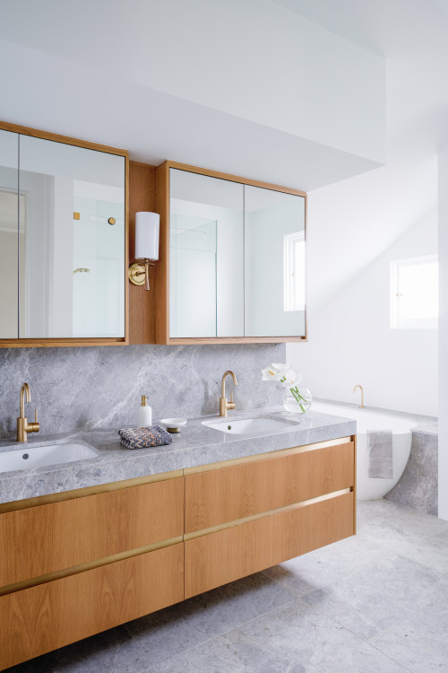 Timeless Gray Marvel: Marble Backsplash and Wood Vanities