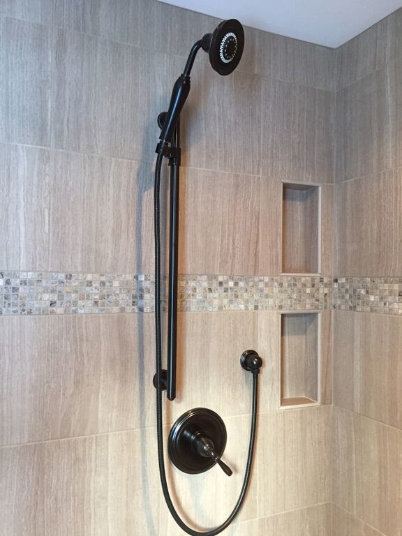 Inspiration for a mid-sized transitional master multicolored tile and porcelain tile porcelain tile alcove shower remodel