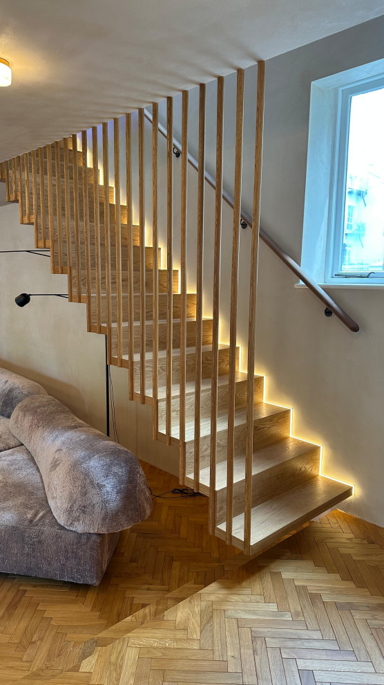 Floating timber stairs with concealed LED lighting, fully automated ...