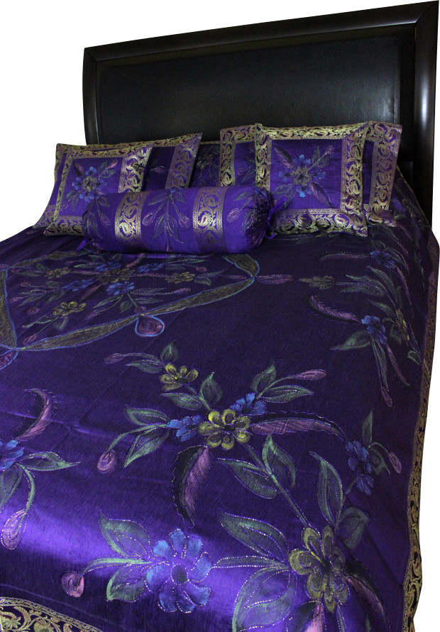 Hand Painted Floral 7-Piece Duvet Cover Set, Plum Purple, King