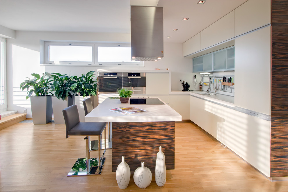 Photo of a contemporary l-shaped kitchen in Other with flat-panel cabinets, white cabinets and panelled appliances.