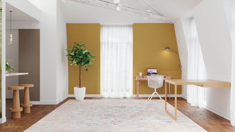 Inspiration for a scandinavian medium tone wood floor dining room remodel in Brussels with yellow walls