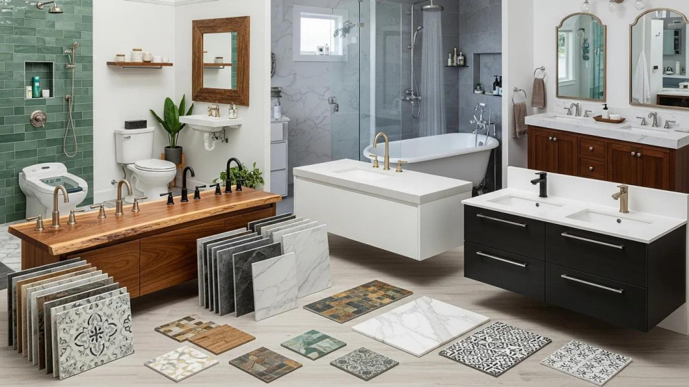 Variety of custom bathroom designs featuring eco-friendly materials and luxury fixtures